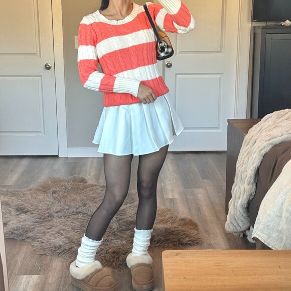 J Crew Coral/White Striped Cable Knit Sweater Preppy Coquette Coastal Y2K Size S - Picture 2 of 9
